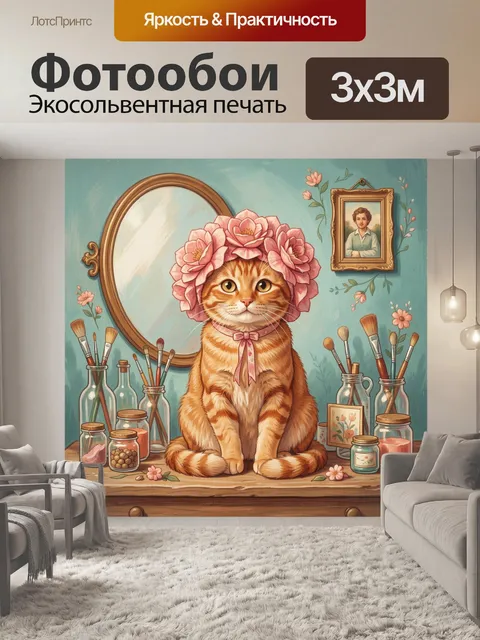 Фотообои Рыжий кот в цветочном венке