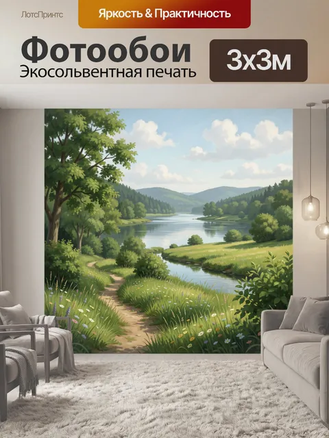 Фотообои Лесное озеро и цветущий луг