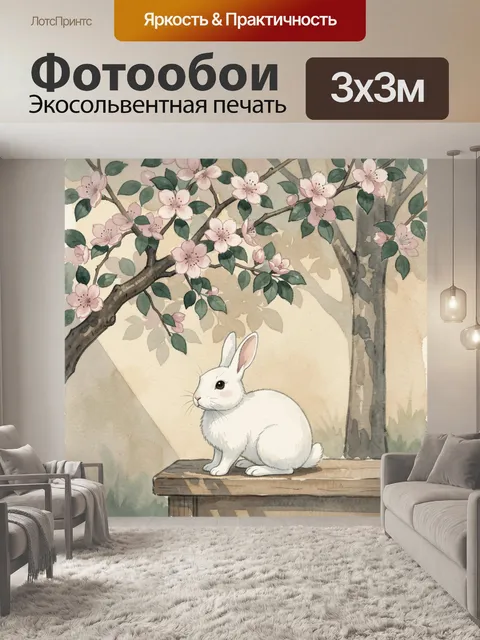 Фотообои Белый кролик под цветущей сакурой