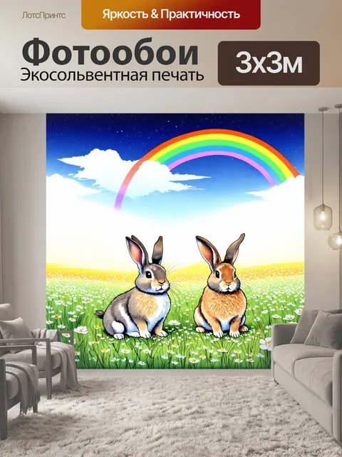 Фотообои животные в стиле японская тушь, изображающие кроликов, мирно сидящих на цветущем лугу с радугой на небе