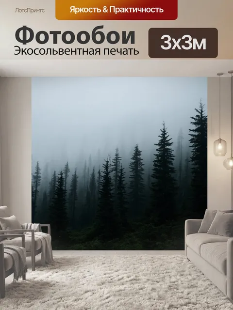 Фотообои Глубокий темный еловый лес в туманный день