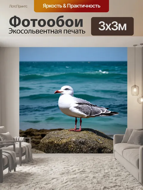 Фотообои чайка, стоящая на камне у моря, с каплями воды, сверкающими на её перьях, и морским пейзажем на заднем плане