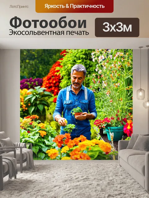 Фотообои нарисуйте восторженного садовода, работающего в своем саду, окруженного яркими цветами и растениями
