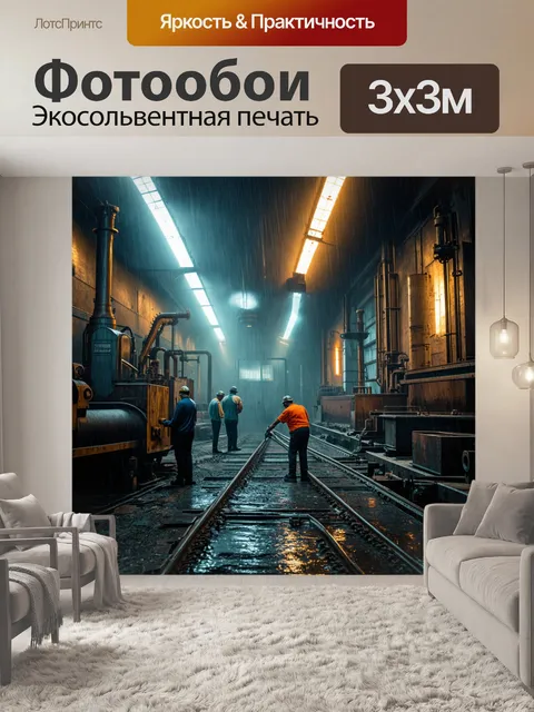 Фотообои дождь в стиле стимпанк, механическая фабрика, где работники трудятся под шум дождя и стука машин