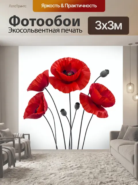 Фотообои Красные маки на белом фоне