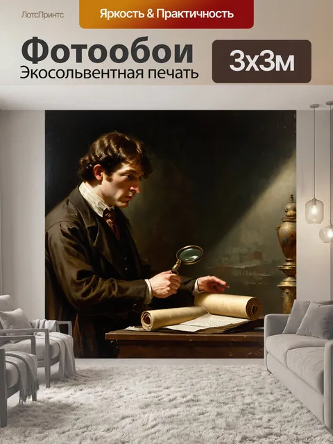 Фотообои тайный музей с загадочными артефактами, где шерлок холмс с увеличительным стеклом изучает древний свиток