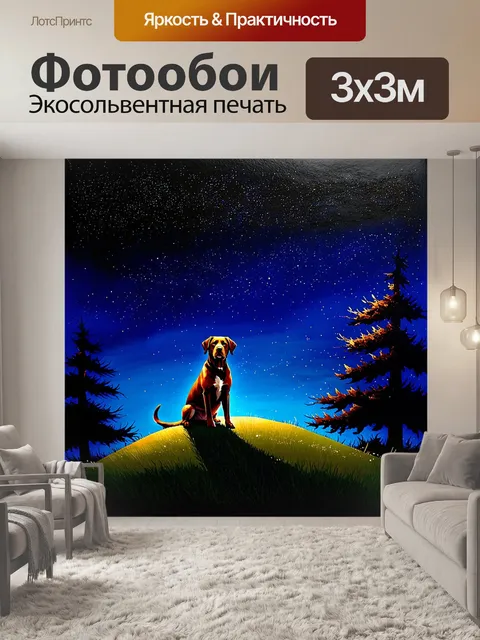 Фотообои лабрадор ретривер, наблюдающий за звездным небом ночью, сидя на вершине холма, окруженного силуэтами деревьев