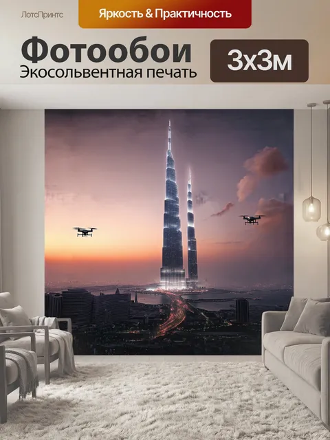 Фотообои огромный бурдж халифа, возвышающийся над сверкающими огнями дубая, охвачен нежным туманом неподалеку от залива