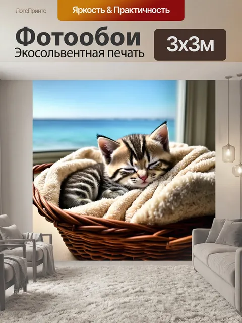 Фотообои дремлющий котенок в корзине, покрытой мягким пледом, с морским пейзажем за окном