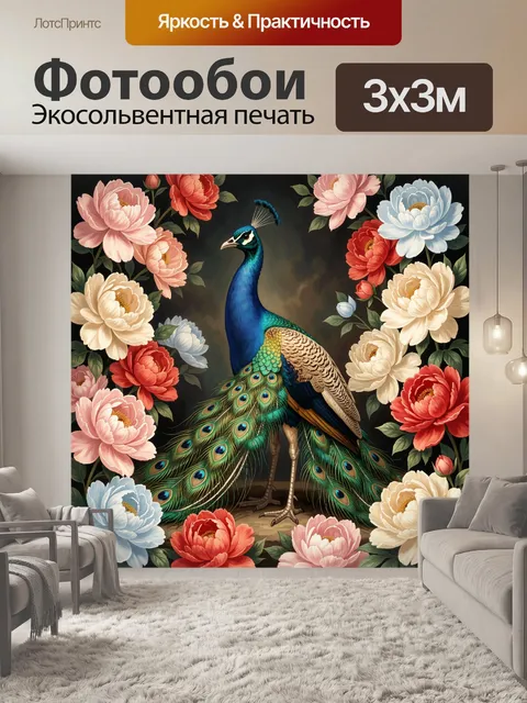 Фотообои Павлин среди роскошных пионов