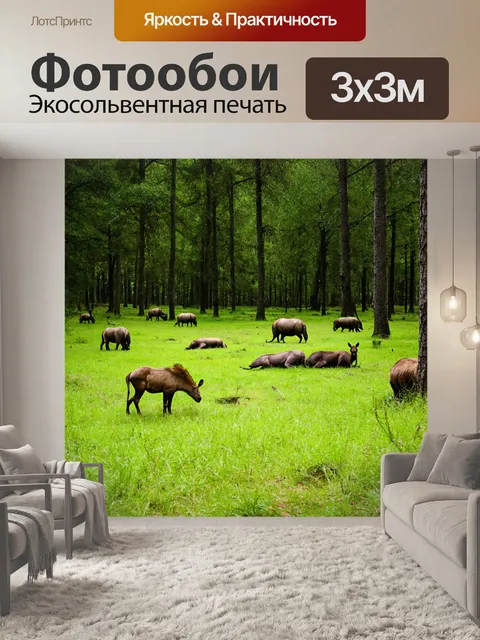 Фотообои лес с обширной полянкой, где отдыхают разные дикие животные