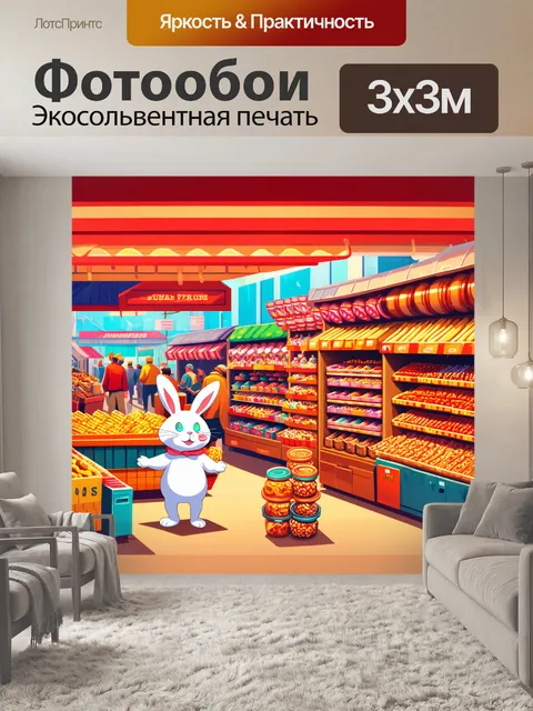 Фотообои оживленный рынок, полный необычных предметов и сладостей, где белый кролик делает покупки