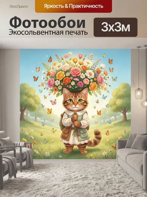Фотообои Кошка с букетом цветов