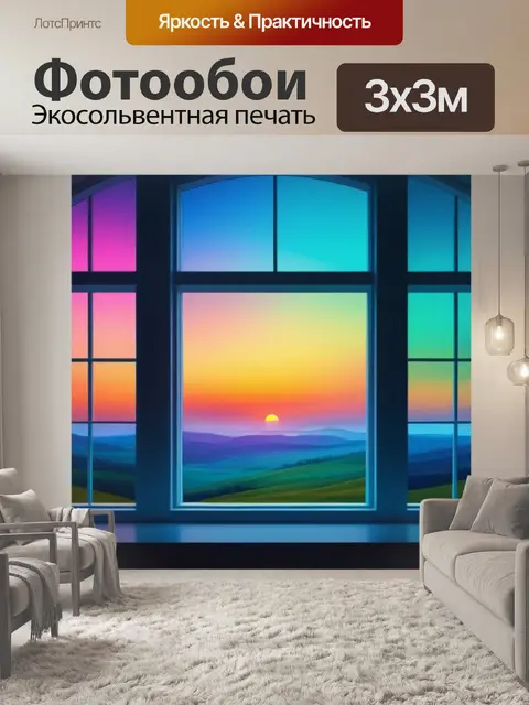 Фотообои красивый пейзаж с окном разноцветный