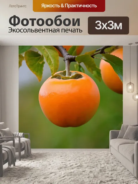 Фотообои оранжевый цвет: оранжевый плод хурмы, висящий на ветке среди зелени, создавая эффект контраста и свежести