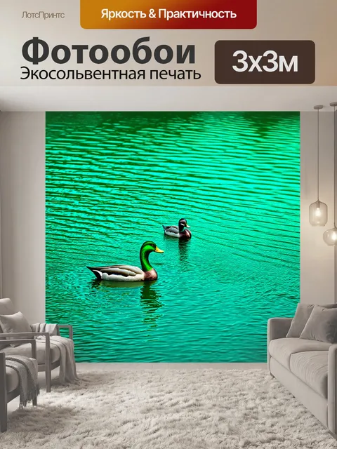 Фотообои мятный цвет изображают прозрачное озеро, в котором плавают мятные утки