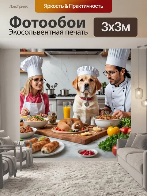 Фотообои с изображениями домашних животных и их дружбы с кулинарией