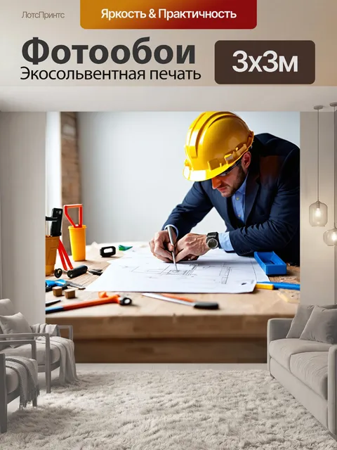 Фотообои инженер в защитной каске проверяет чертежи на строительном столе, окруженный инструментами и материалами