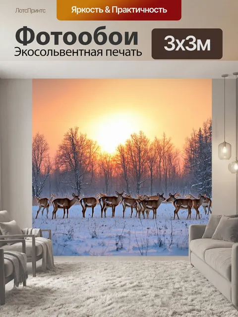 Фотообои россия сибирь, величественные просторы тайги, заснеженные берёзы, олений стадо на фоне зимнего заката, зима…
