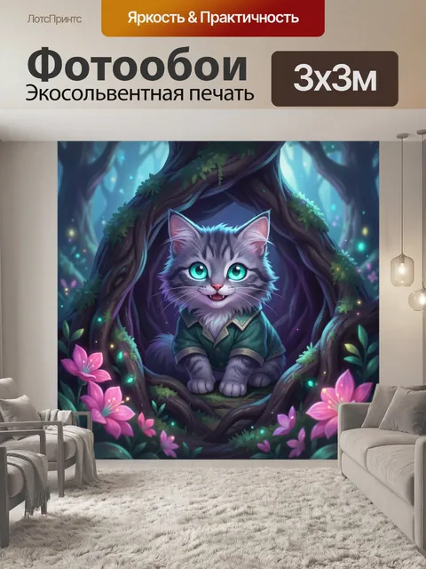 Фотообои Серый котенок в волшебном лесу