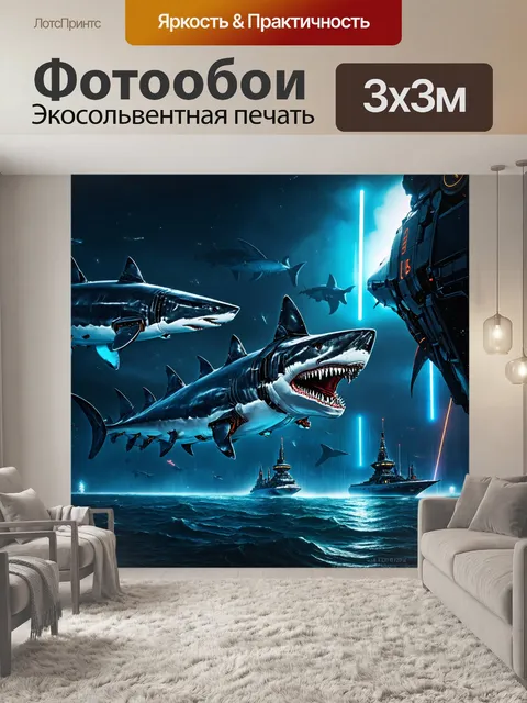 Фотообои море в стиле киберпанк: кибернетические корабли плавают среди гигантских акул с роботизированными элементами