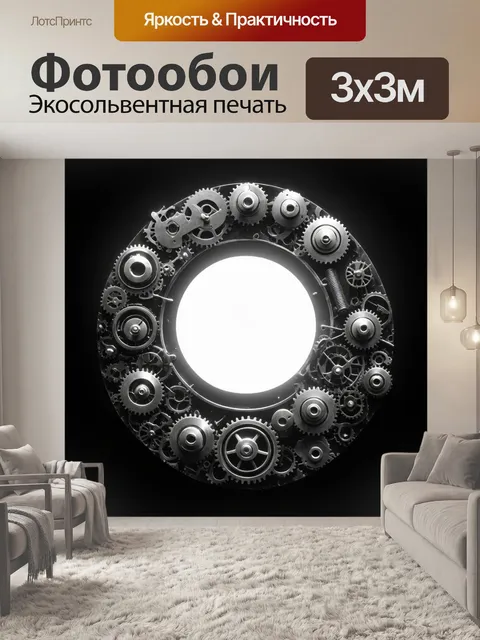 Фотообои черно-белый с изображением старинных механизмов в круге затмения