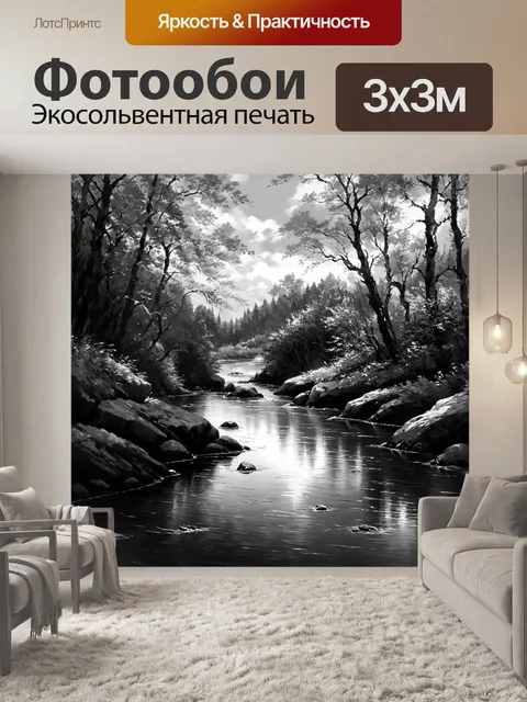 Фотообои черно-белый: тихая река, извивающаяся среди скал и деревьев, с глубокими тенями и отражениями