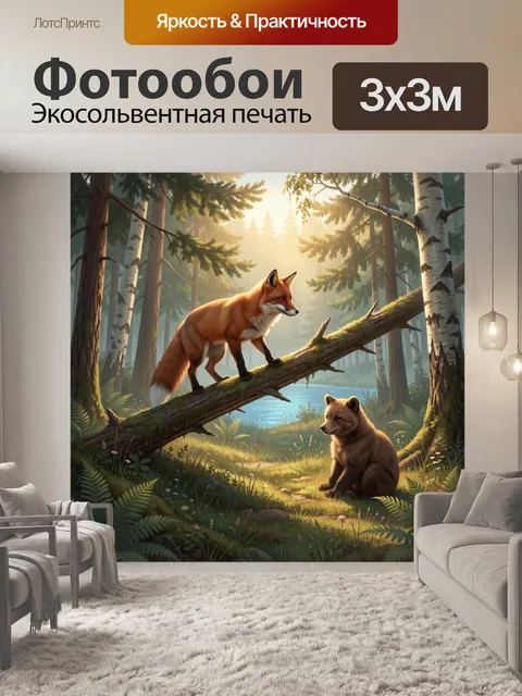 Фотообои Лиса и лисенок в лесу