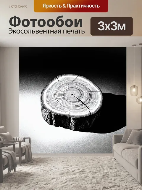 Фотообои спил дерева, показанный в черно-белом стиле с сильными тенями и контрастами, выделяющими грубые текстуры