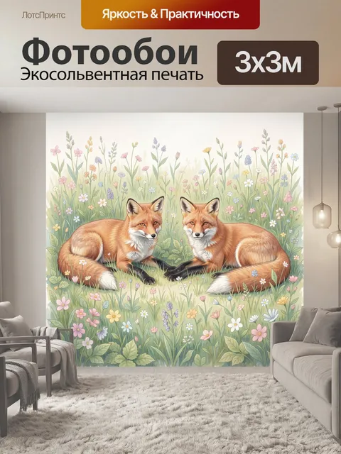 Фотообои Лисы в весеннем цветочном лугу