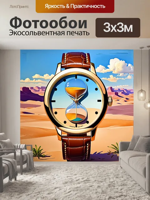 Фотообои наручные часы с циферблатом, имитирующим часы песочные, на фоне пустынного пейзажа