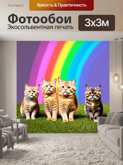 Фотообои коты, разыгрывающие представление на фоне радуги