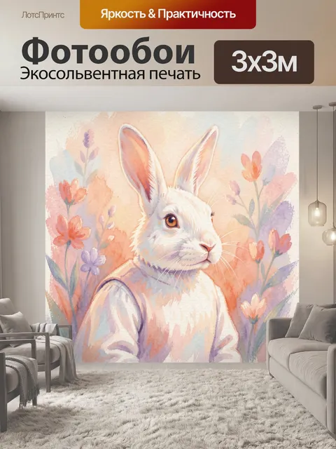 Фотообои Белый кролик среди цветов
