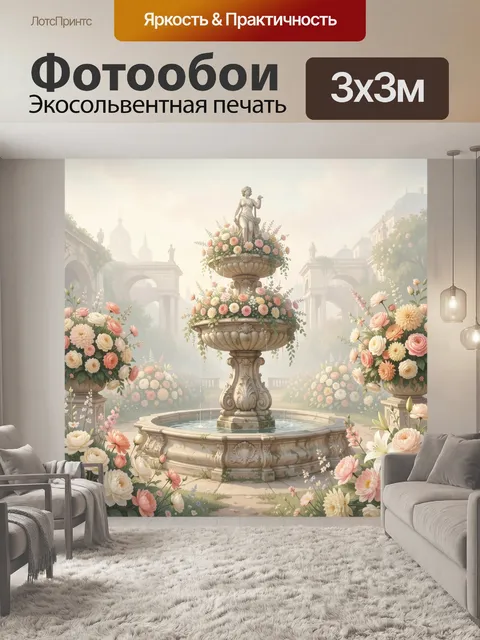 Фотообои Классический фонтан в цветущем саду