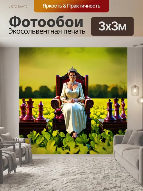 Фотообои в стиле реализма, с использованием техники сфумито, создается изображение королевы, сидящей на троне…