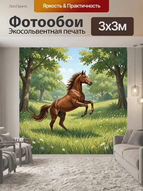 Фотообои Лошадь в зеленом весеннем лесу
