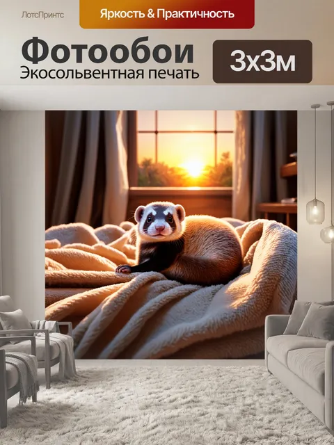Фотообои спокойный хорек свернулся калачиком на большом, мягком пледе в свете вечернего заката