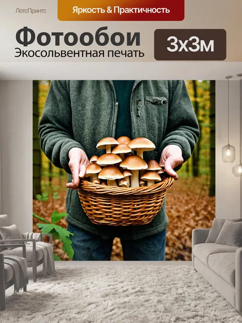 Фотообои грибы грибник с корзиной в руках