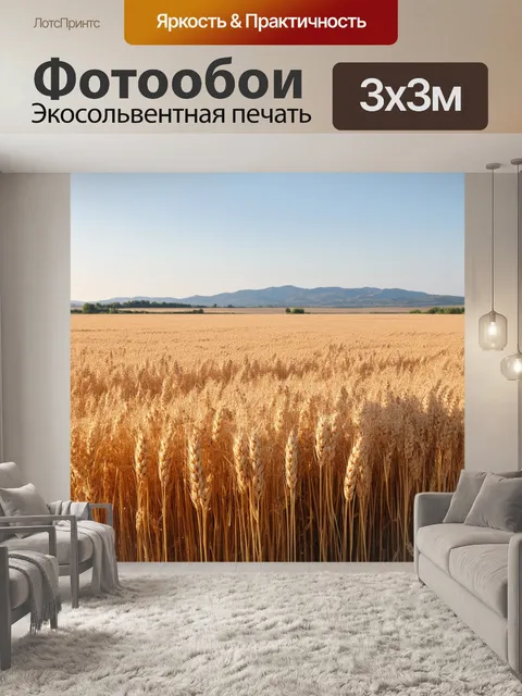 Фотообои пейзаж с безоблачным небом и бескрайним бежевым полем, усеянным пшеницей