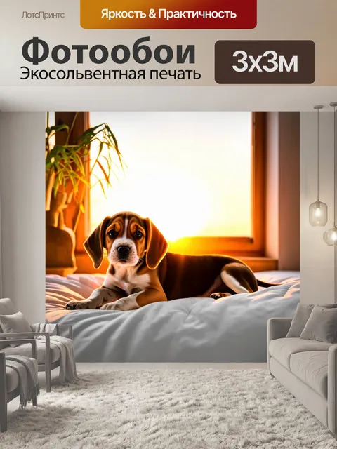Фотообои Щенок бигля лежит на белой кровати у окна с видом на закат, рядом с растением, в комнате с тёплым освещением