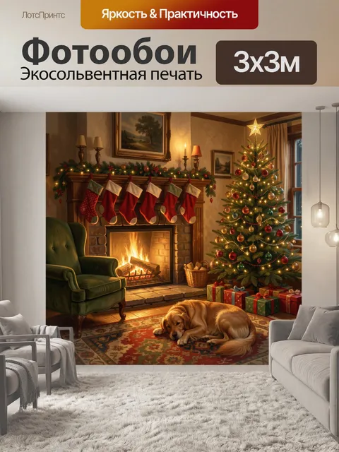 Фотообои Рождественская гостиная с елкой и камином