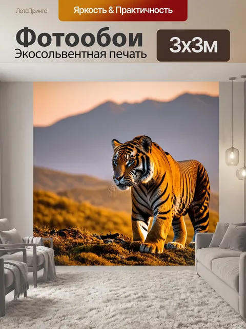 Фотообои тигр на закате, охота на фоне гор