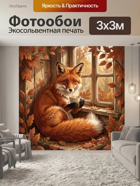 Фотообои Лис с чашкой у окна