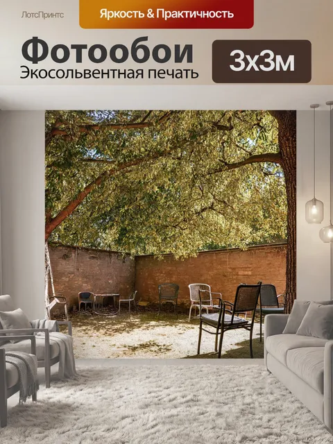 Фотообои винтаж, изображающие старые ясень и стулья в обветшалом дворе
