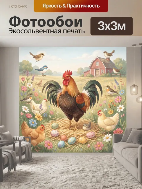 Фотообои Пасхальный петух в саду с птицами