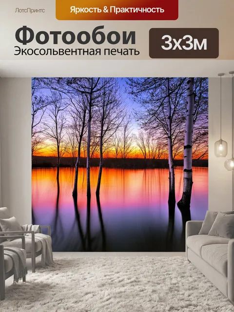 Фотообои летний вечер на берегу тихого озера, где березы отражаются в прозрачной воде
