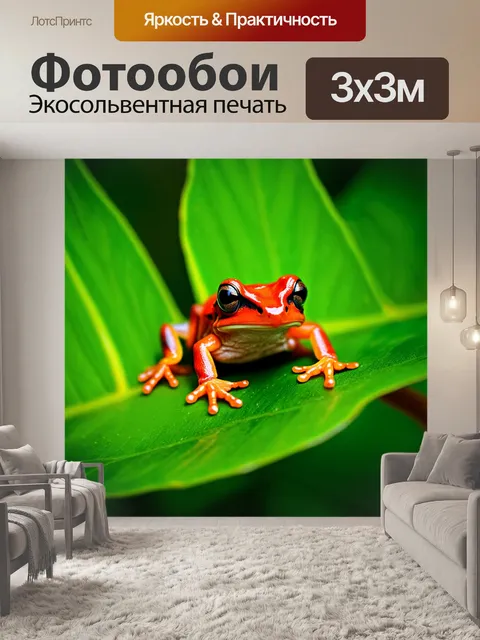Фотообои красная лягушка на зеленом листе, создающая яркий контраст и атмосферу тропиков