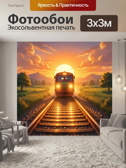 Фотообои Поезд на закате в поле