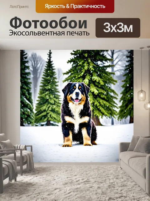 Фотообои бернский зенненхунд, играющий в снежном парке, окруженный высокими елями