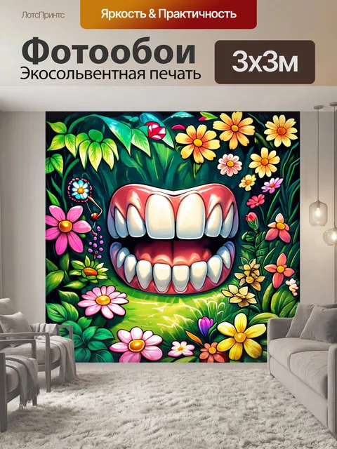 Фотообои мультяшные зубы, исследующие загадочные сады с яркими цветами и уникальными существами